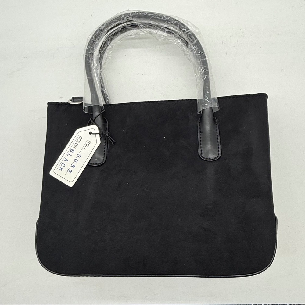 Black Faux‎ Suede Tote Bag with Top Handles and Shoulder Strap